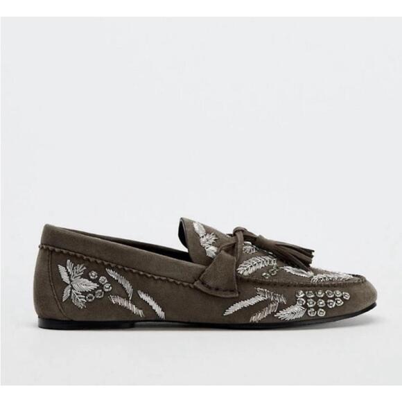 Zara Embroidered Loafers Olive Green 37 - Picture 4 of 7